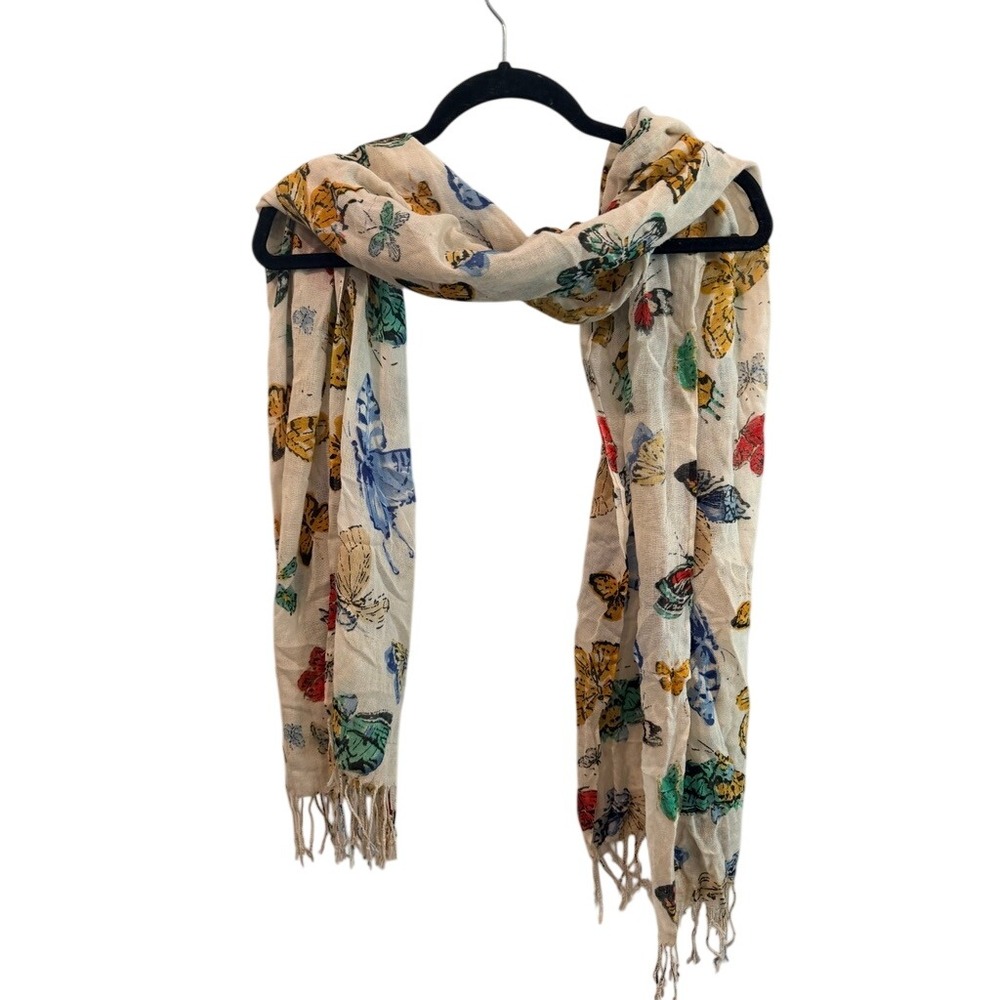 Butterfly Print Lightweight Gauze Scarf Cream Blue Yellow Fringed Wrap 71 Inch